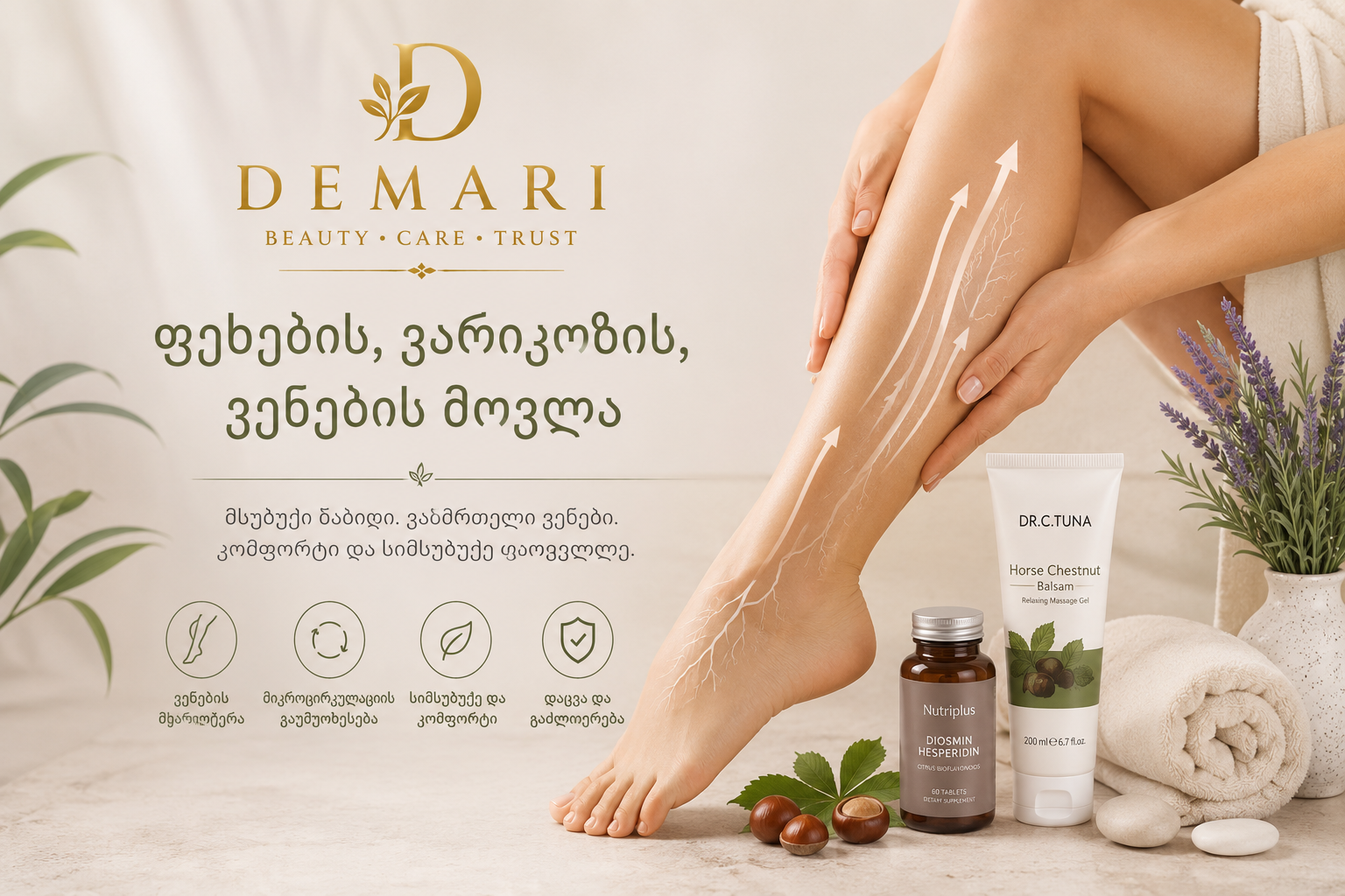Demari foot, varicose and vein care collection featuring Dr. C. Tuna products