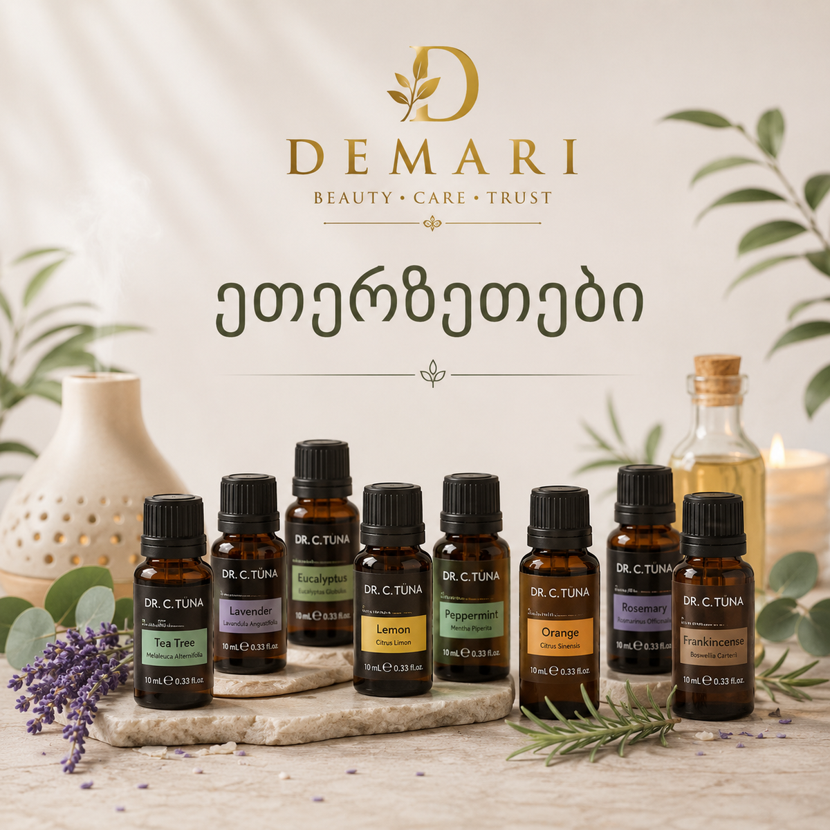 Demari essential oils collection featuring Dr. C. Tuna natural essential oils