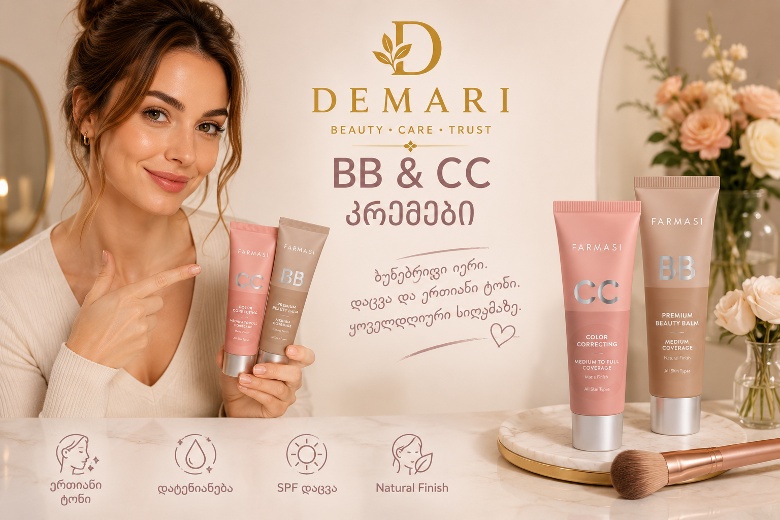 Demari BB and CC creams collection featuring Farmasi face makeup products