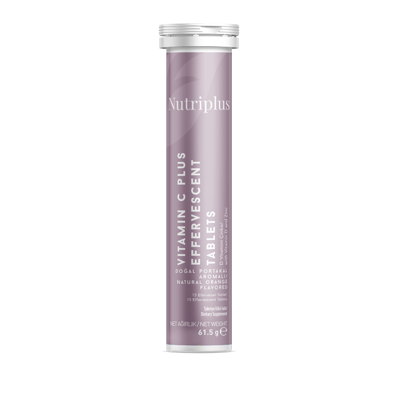 NUTRIPLUS ვიტამინი C PLUS 1000 მგ C ვიტამინით, D3 ვიტამინითა და თუთიით, ფორთოხლის არომატი, 15 შუშხუნა აბი